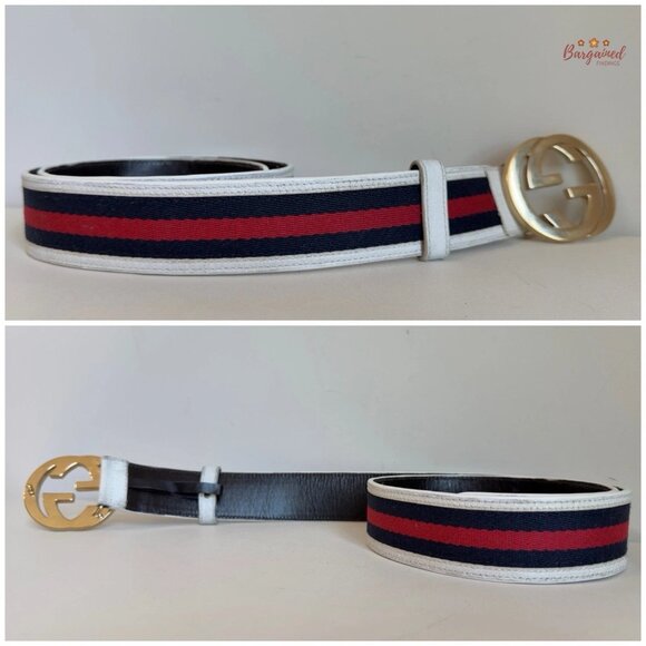 Authentic Gucci Web Canvas White Leather Gold Interlocking G Buckle Belt 85/34 - Picture 10 of 14